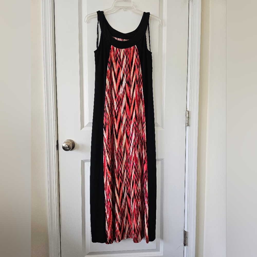 Orange Red and Black Sleeveless Sheath Maxi Dress